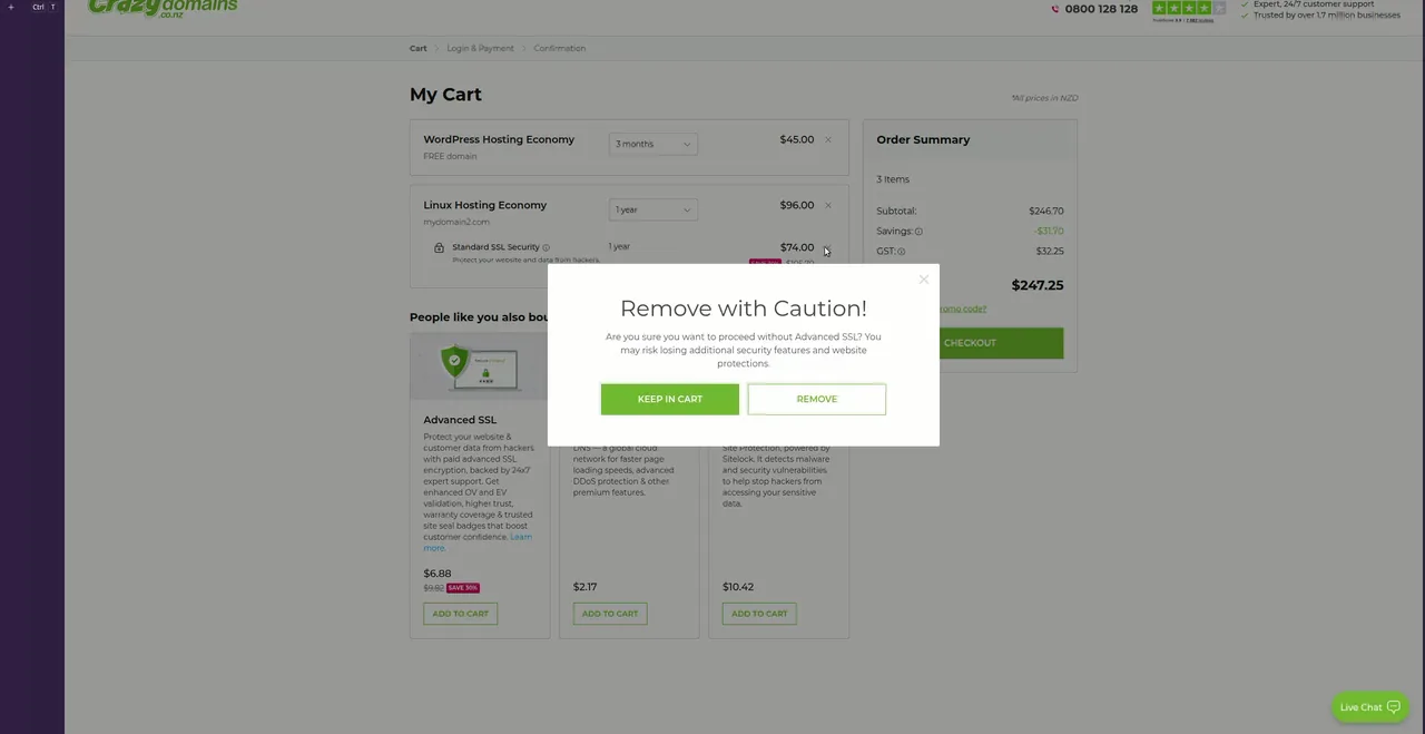 Crazy Domains cart warning when removing Advanced SSL upsell
