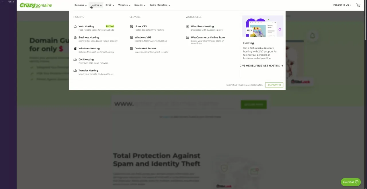 Crazy Domains Hosting mega-menu with Web Hosting, WordPress Hosting and VPS options
