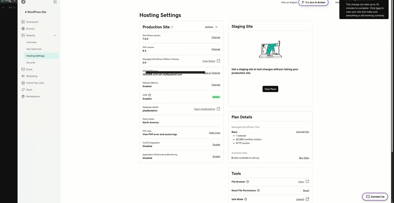 GoDaddy hosting settings screen for PHP version
