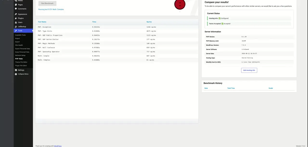 PHP Vitals performance test running on Hoopla shared hosting