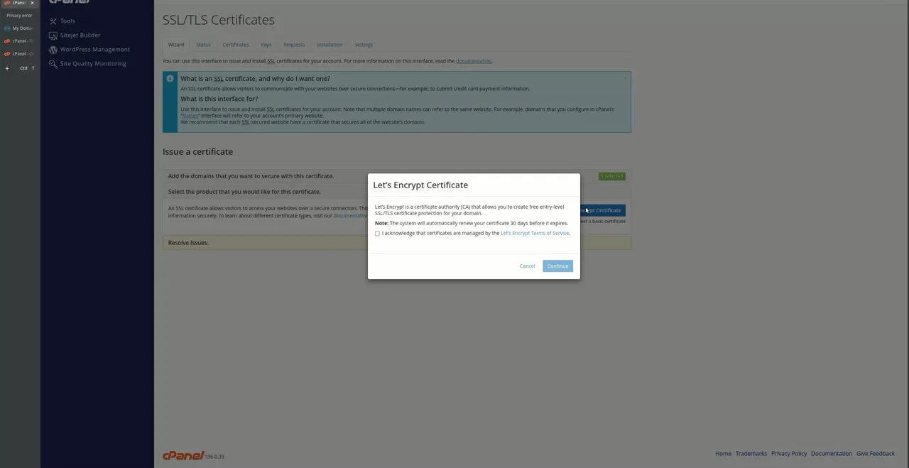 cPanel Let's Encrypt SSL certificate wizard on Hoopla