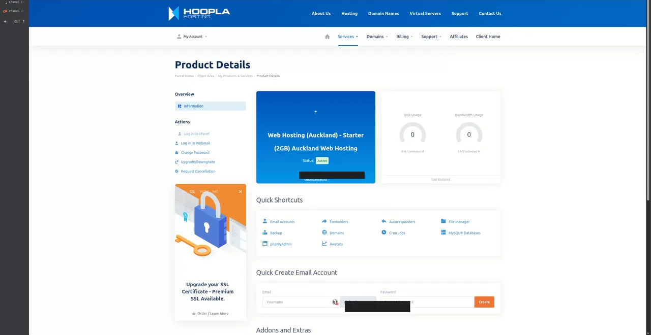 Hoopla client area showing Starter 2GB Auckland plan at $8.65 NZD monthly