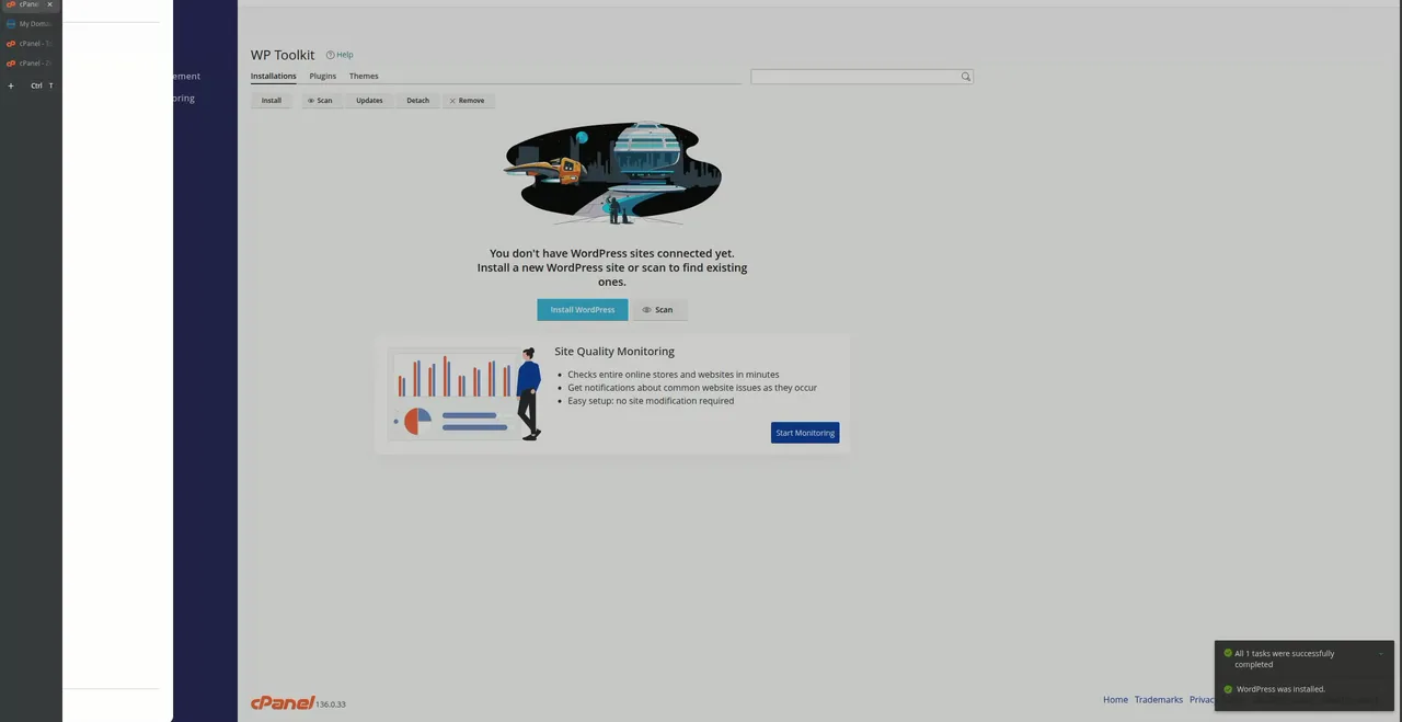 cPanel WP Toolkit confirming WordPress was installed on Hoopla