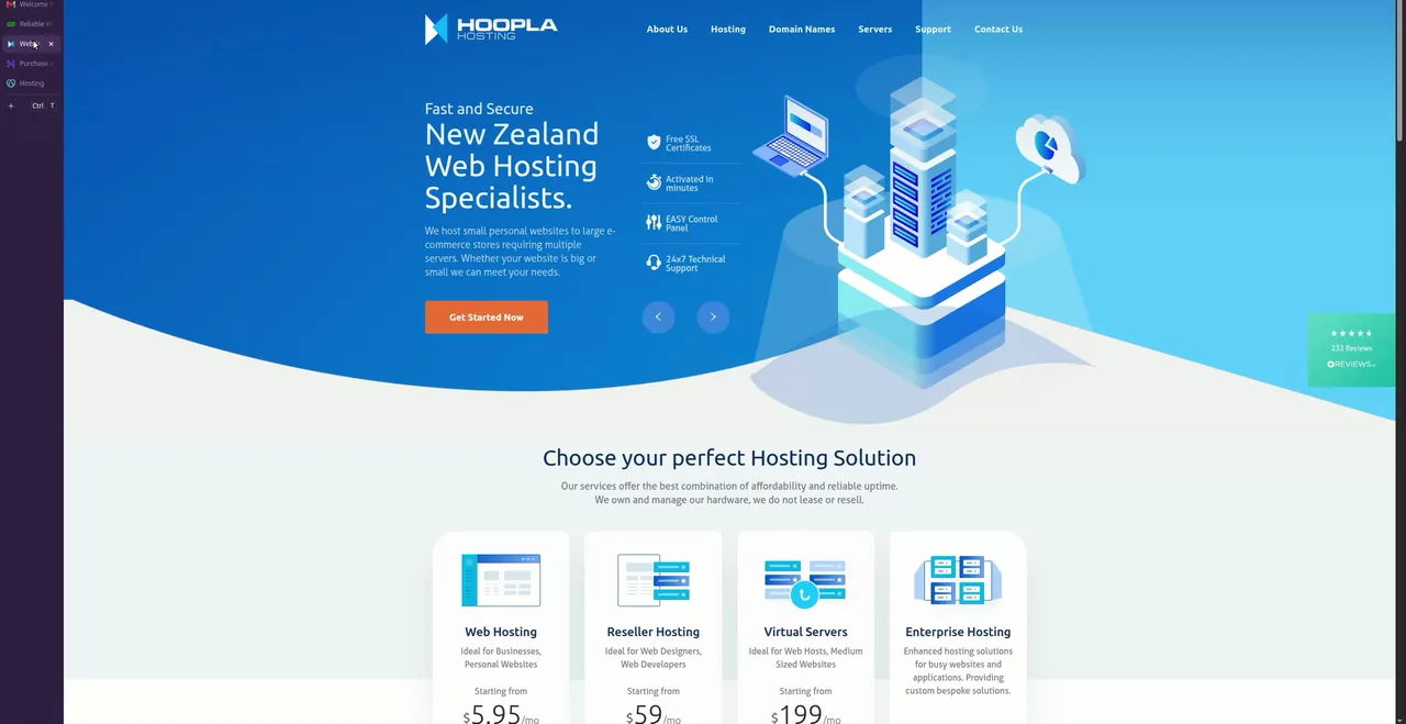 Hoopla Hosting homepage with NZ web hosting headline and starting prices
