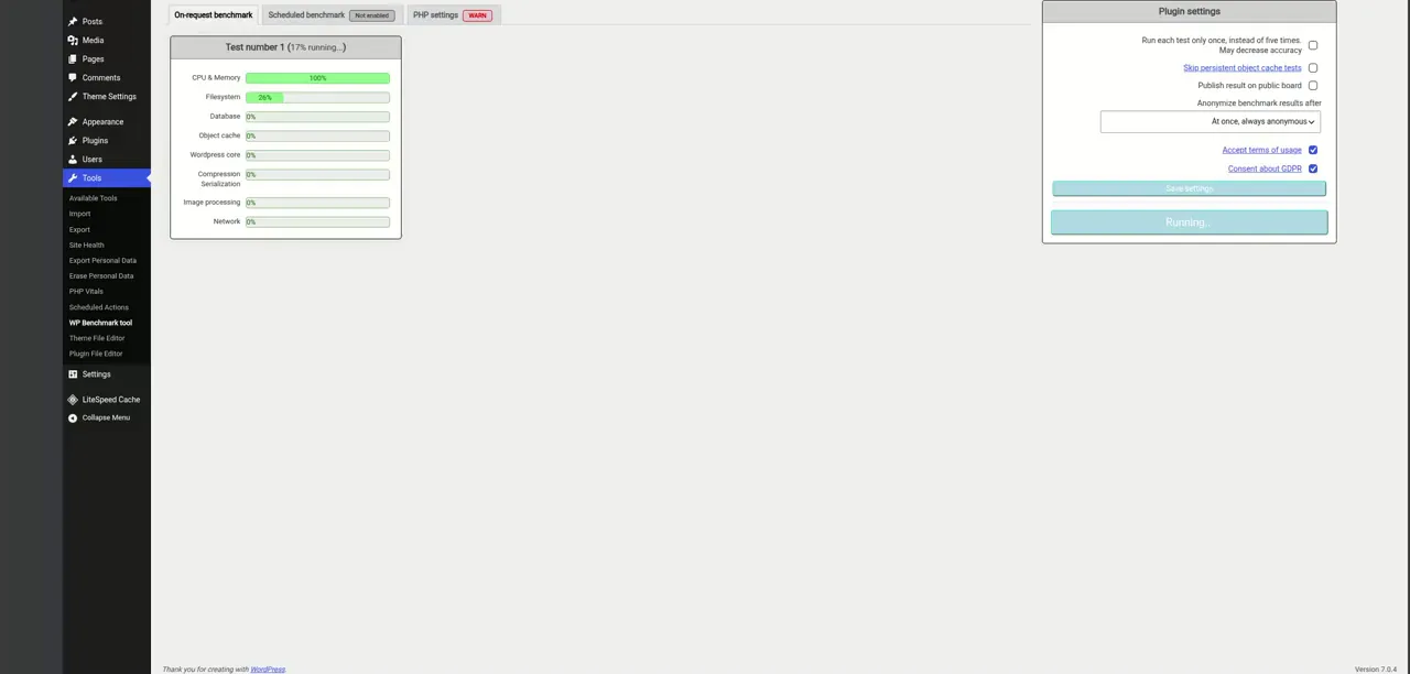 WP Benchmark tool running on Hostinger temporary domain