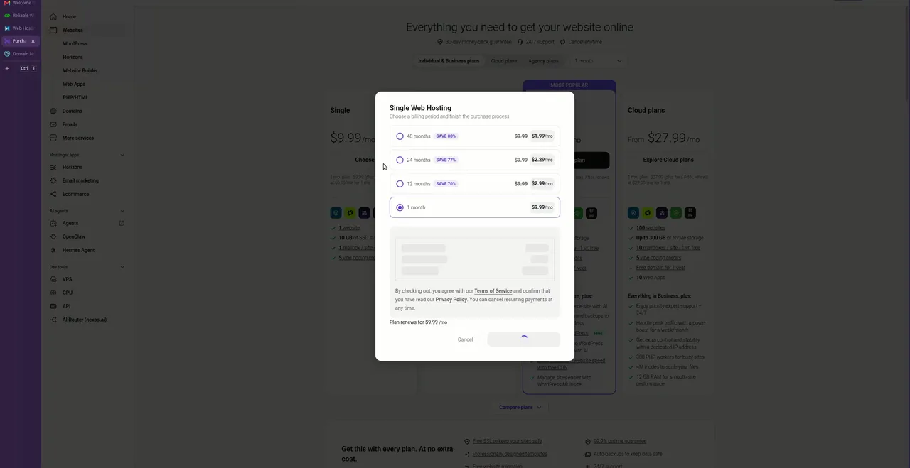 Hostinger checkout selecting 1-month billing for the Single plan