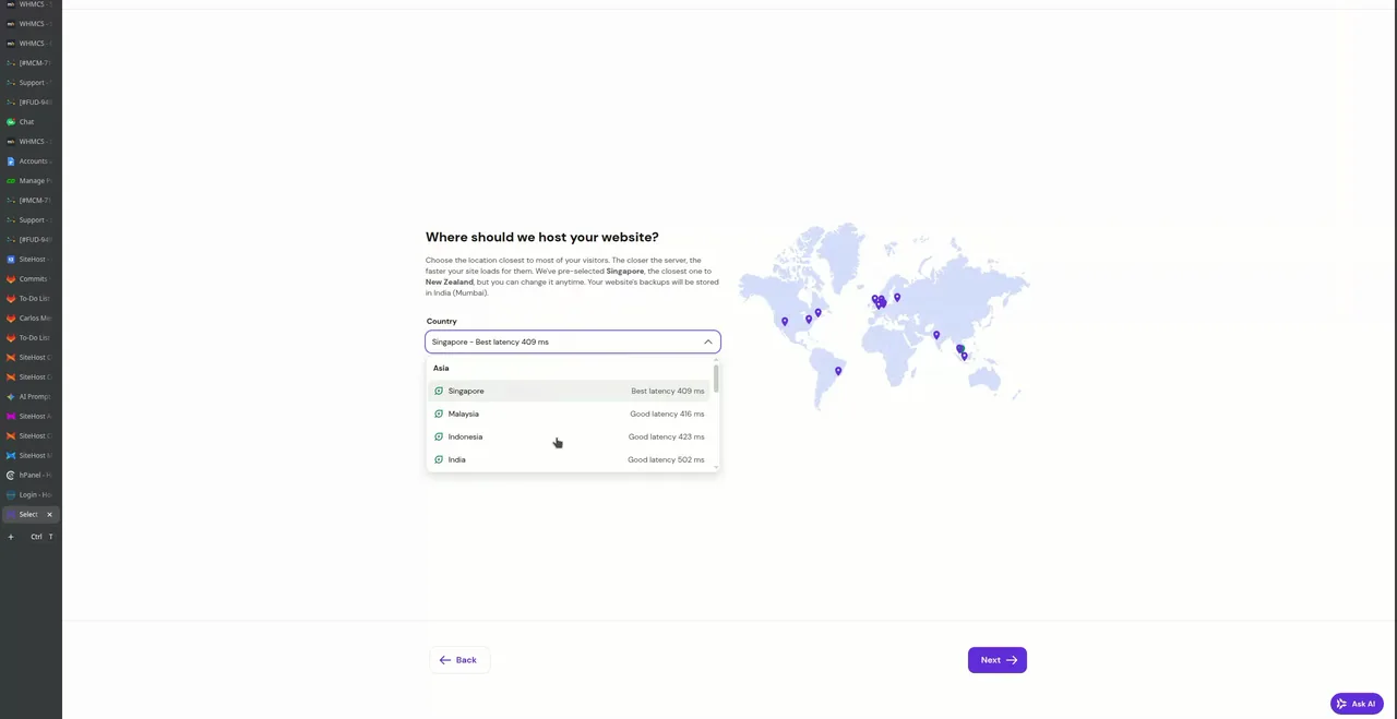 Hostinger server location picker with Singapore selected as closest to New Zealand