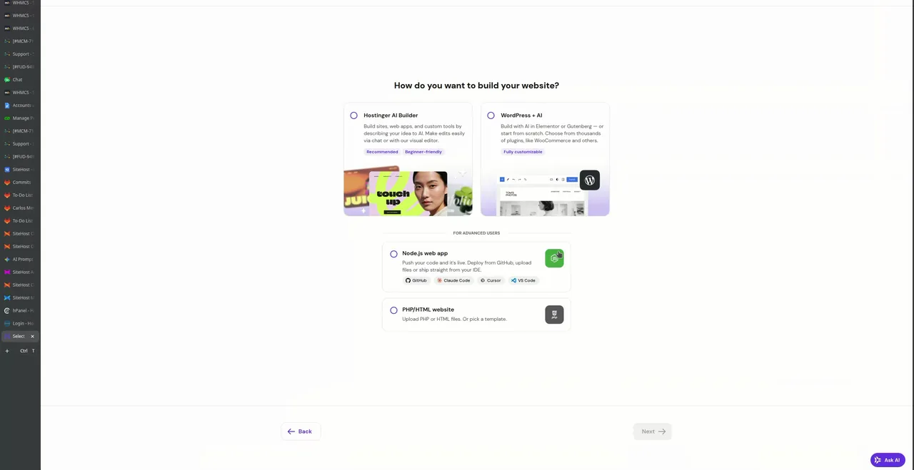 Hostinger onboarding asking where to get started with WordPress options