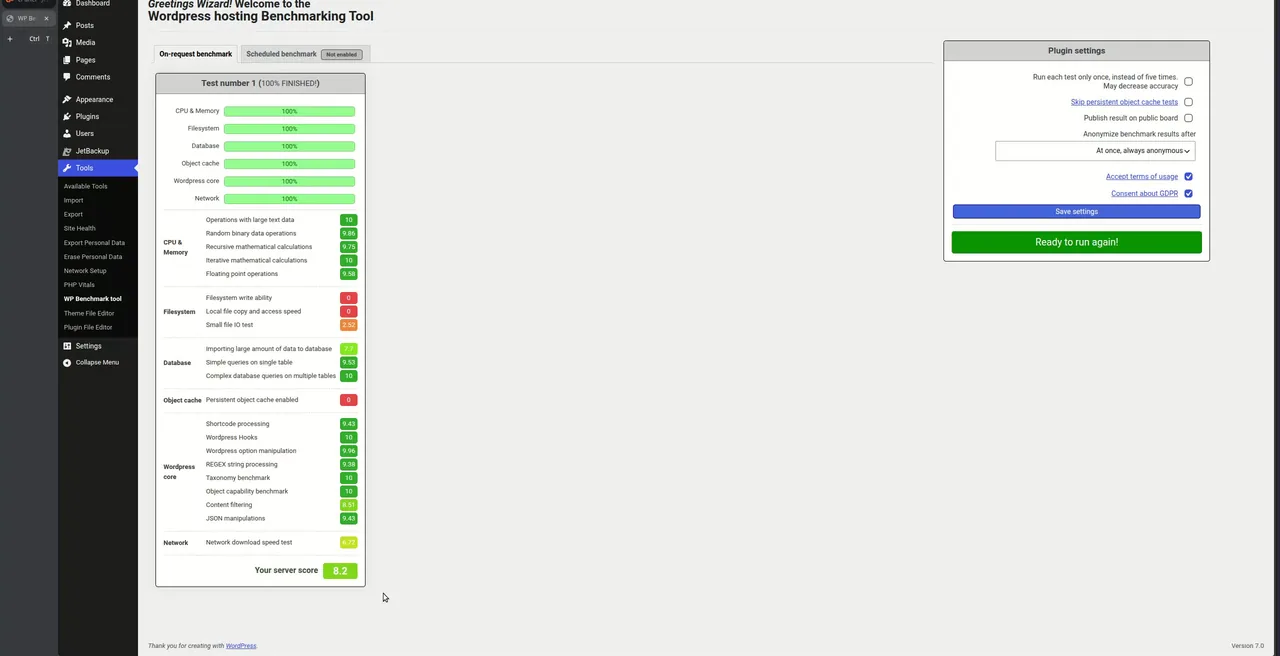 WP Benchmark composite score 8.2 on MyHost
