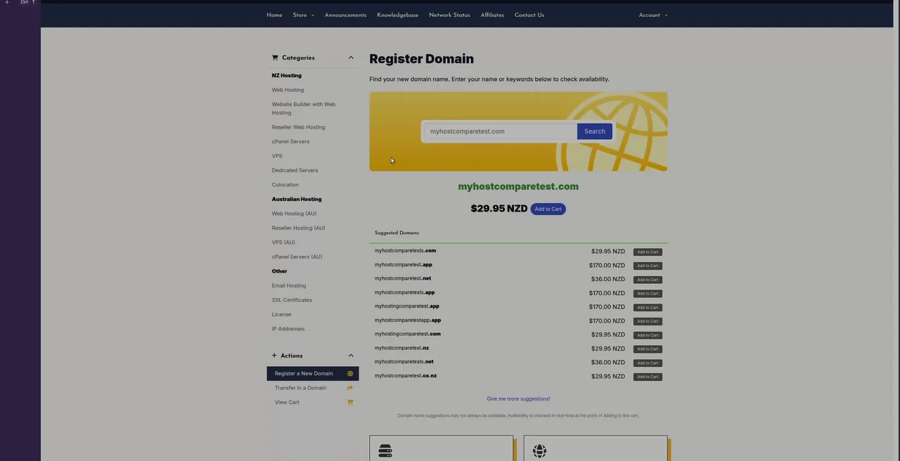 MyHost domain search during signup