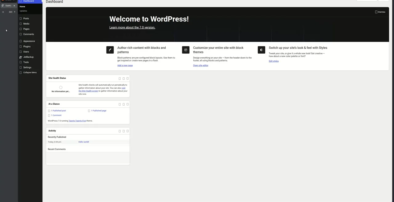 WordPress dashboard on MyHost after install